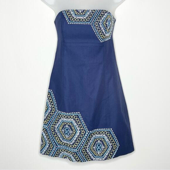 LILLY PULITZER Bowen Navy Blue Comb Get It Embroidered Strapless Dress Size 0 - Picture 2 of 7